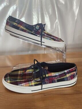Tommy Hilfiger Plaid Canvas Boat Shoes Mens 8 Preppy Coastal Casual Lace Up